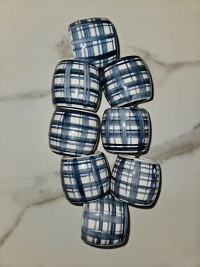 Blue Plaid Ceramic Napkin Rings - Set of 8